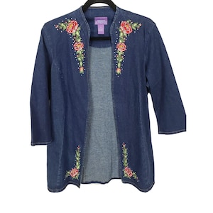 Denim Embroidered Open Front Jacket W/ Rose Design Suzanne Somers Collection Womens Size S