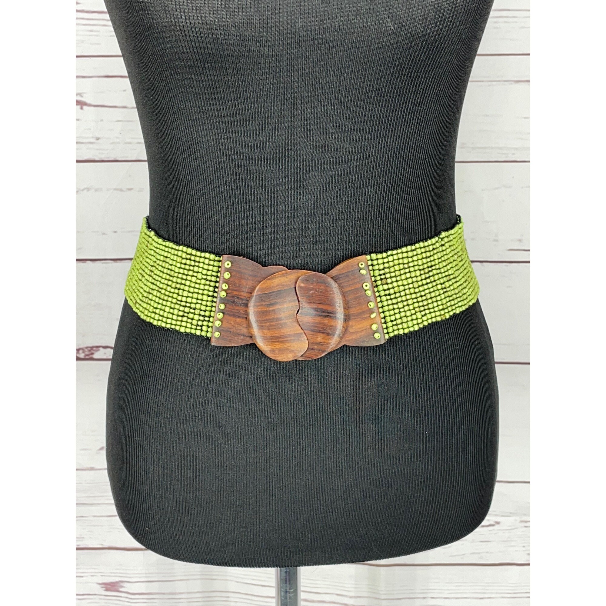 Vintage hand beaded belt with elastic waist band and wooden clasp Buy Antique Bone White Hand-made Elastic Stretchy Beaded  main image 2