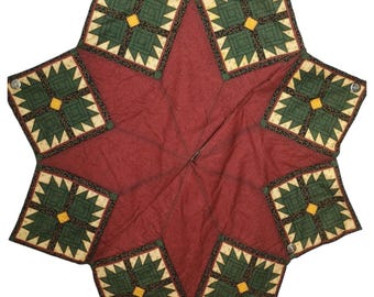Falda de árbol de Navidad acolchada con cierre, decoración navideña, reversible, roja y verde, 122 cm de diámetro, hecha a mano.