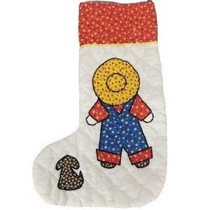 Vintage Quilted Christmas Stocking Applique Boy Overalls Dog Country Folk Art