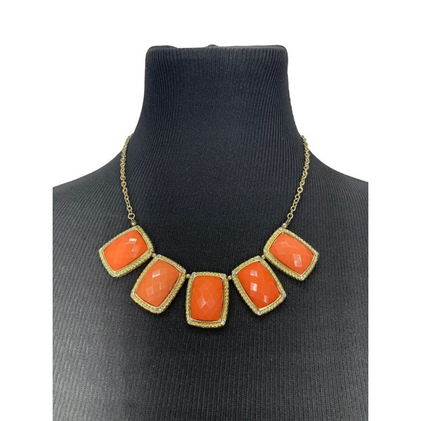 Vintage 80's Fun Coral Peach Cleopatra Style Square Gem Bib Gold Tone Necklace