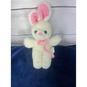 Vintage White Bunny Pink Ears Bow 10 Inch Stuffed Plush Animal