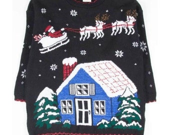 Holiday Time Vintage 90's Santa Sleigh House Reindeer Black Christmas Sweater