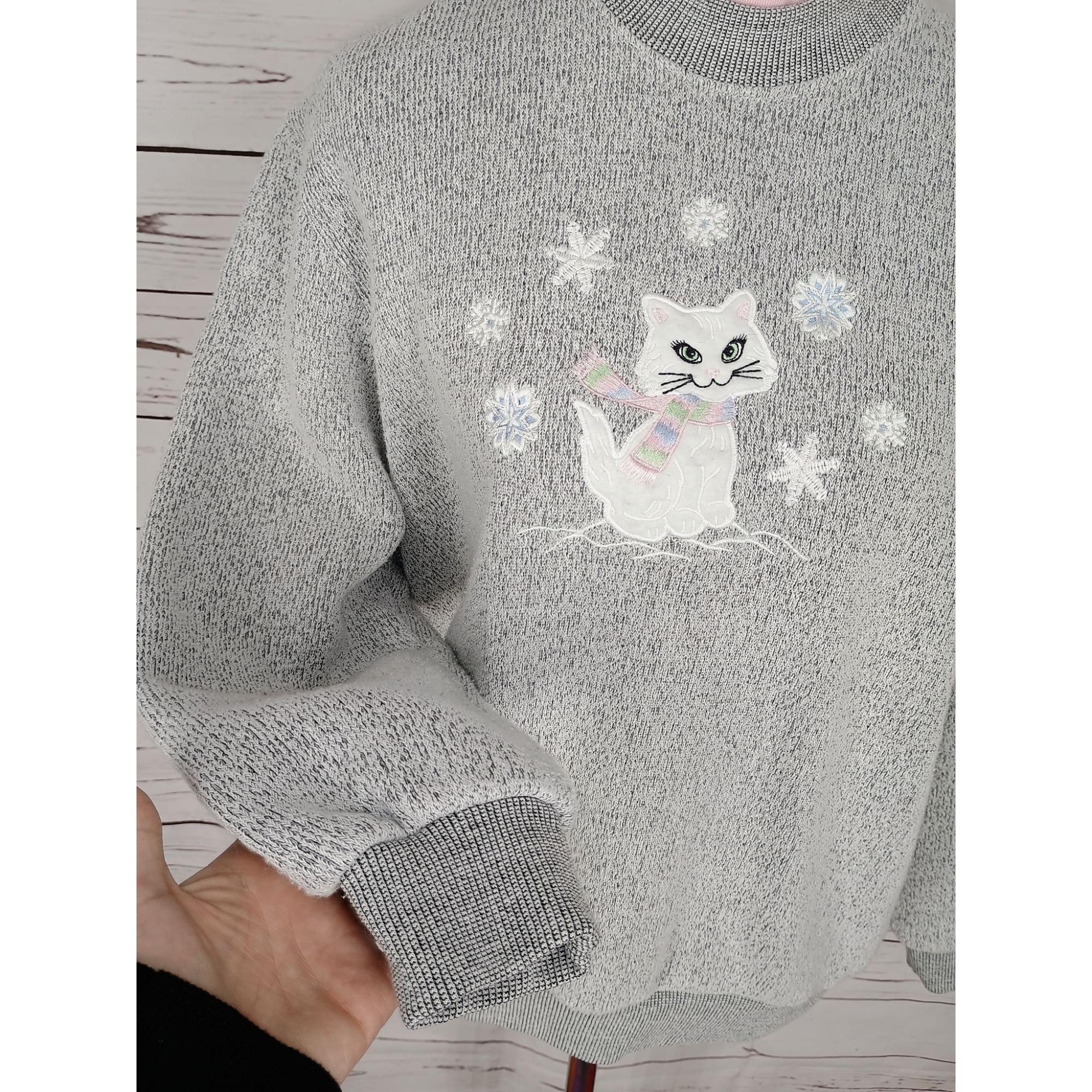 Vintage Bon Worth Gray Cat Embroidered Sweatshirt Women