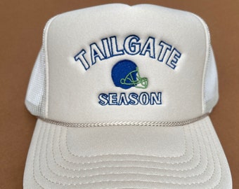 Tailgate Season Trucker Hat, Football Season, Blue and Green Embroidered Trucker Hat