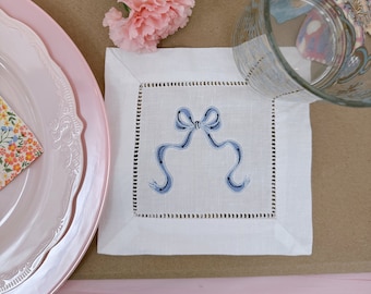 Bow Embroidered Linen Cocktail Napkins, Spring Summer Hostess Gift, Wedding Table Scape