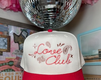 Embroidered 'Love Club' Trucker Hat, Tan and Red Paisley Design