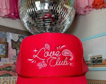 Red Embroidered "Love Club" Trucker Hat, Paisley Design