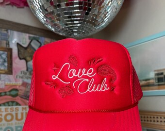 Red 'Love Club' Embroidered Trucker Hat, Paisley Design
