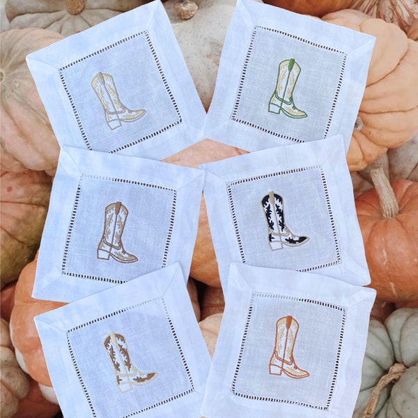 Neutral Western Cowboy Boot Embroidered Linen Cocktail Napkins