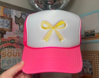 Pink and Yellow Bow Embroidered Trucker Hat, Coquette Hat, Gift for Her