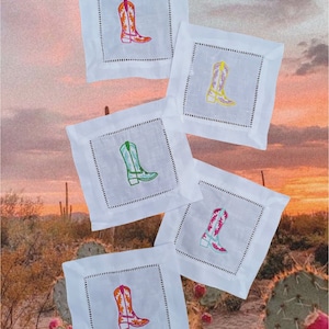 Colorful Western Cowboy Boot Embroidered Linen Cocktail Napkins