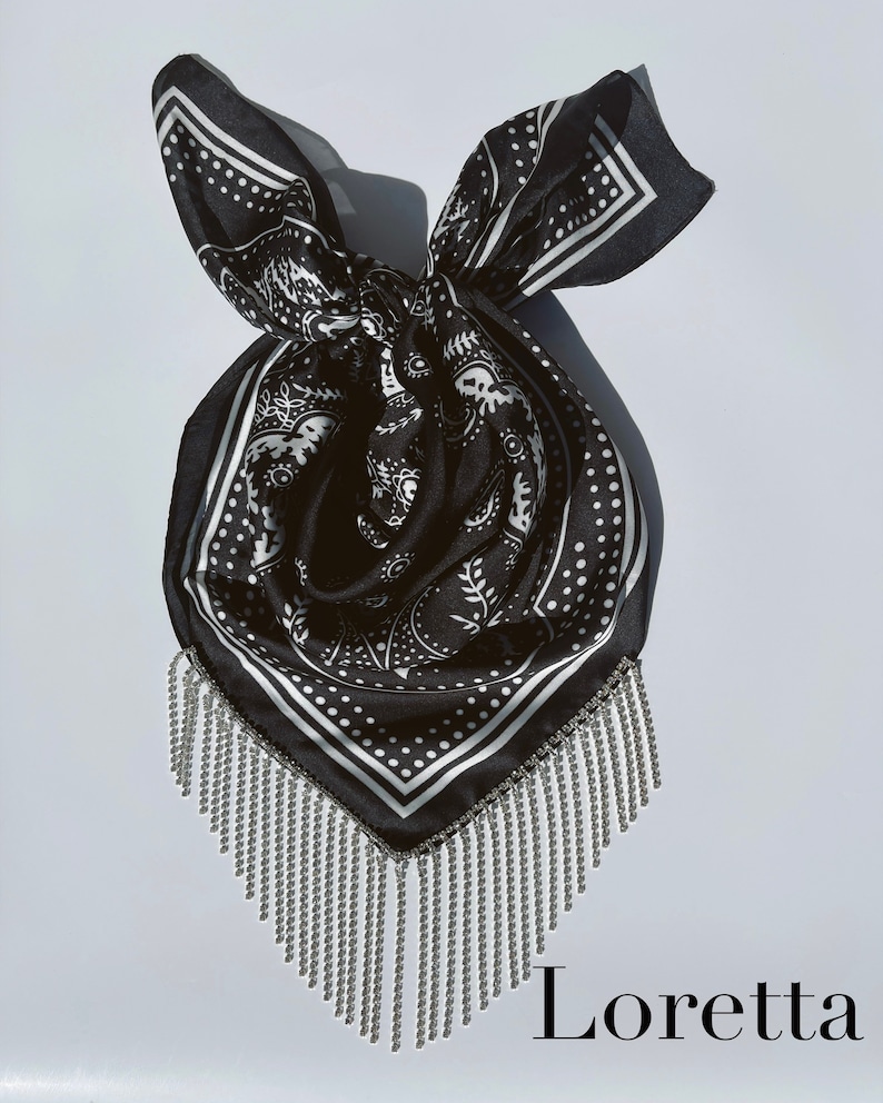 Silky Bandana with Rhinestone Fringe, Rhinestone Cowgirl Bandana, Bedazzled Bandana, Beaded Scarf Necklace image 4