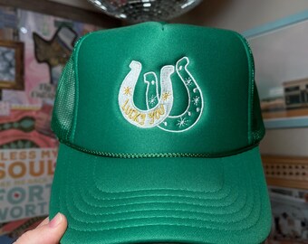 Embroidered Lucky You Horseshoe Trucker Hat, Green & Gold