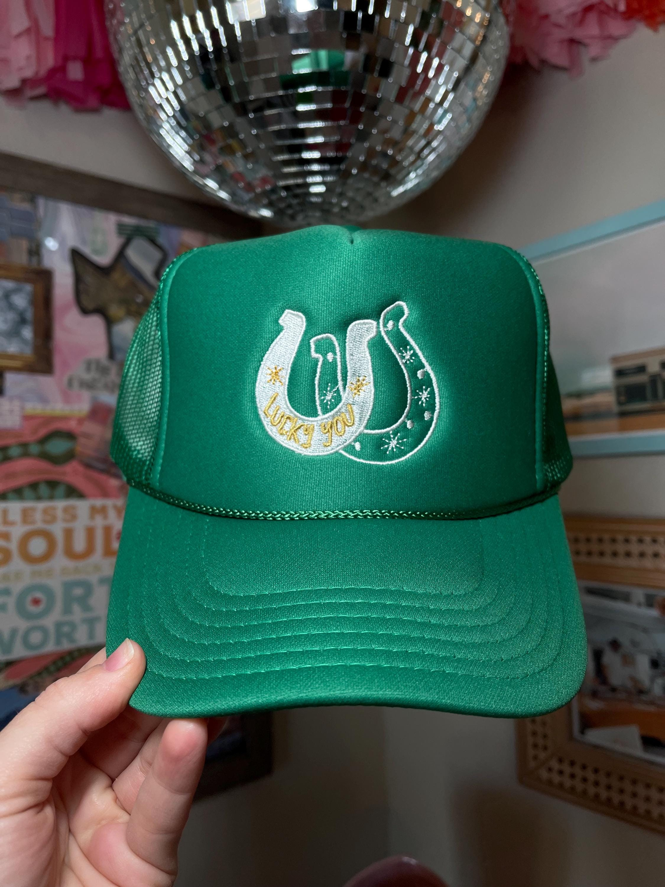 Embroidered Lucky You Horseshoe Trucker Hat, Green & Gold - Etsy display picture 1