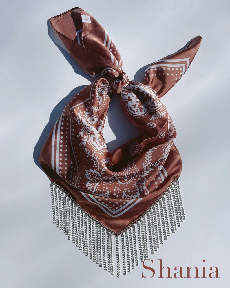 Silky Bandana with Rhinestone Fringe, Rhinestone Cowgirl Bandana, Bedazzled Bandana, Beaded Scarf Necklace image 3