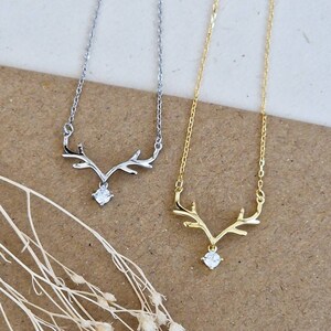 Sterling Silver Elk Necklace, Delicate Stag Necklace, Antler Pendant Necklace, Silver & 14ct Gold Plated, Christmas Gift For Her