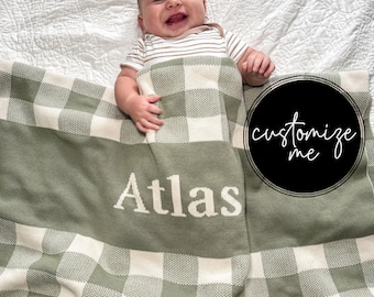 Knitted Custom Gingham Name Baby Blanket: 100% Cotton Personalized Blanket