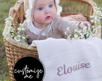 Knitted Custom Embroidered Name Baby Blanket: 100% Cotton Personalized Blanket
