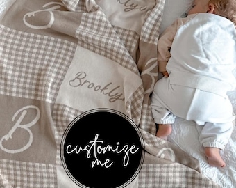 Knitted Custom Signature Gingham Pattern Name Baby Blanket: 100% Cotton Personalized Blanket