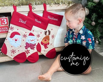 Personalized Christmas Stocking - Embroidered, Red Collection: Snowman, Reindeer, Santa