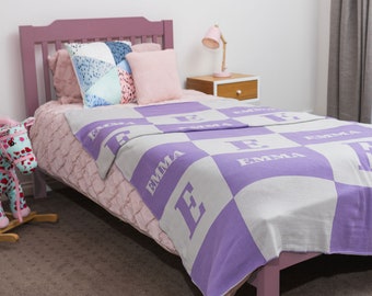 Single Bed Custom Name Blanket Personalized Cotton Knitted Blanket, Girl or Boy Kids Blanket, Baptism Gift, Christening Gift, Birthday Gift