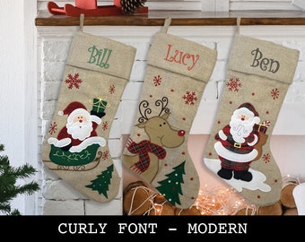 Custom Christmas Stocking - Curly Font - Modern Style: Santa Sled, Reindeer, Santa,