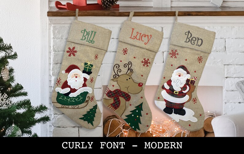 Custom Christmas Stocking Curly Font Modern Style: Santa Sled, Reindeer, Santa, image 1