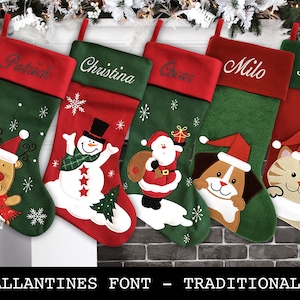 Custom Christmas Stocking - Ballantines Font - Traditional Design: Santa, Reindeer, Snowman