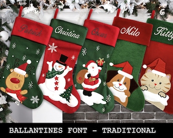 Custom Christmas Stocking - Ballantines Font - Traditional Design: Santa, Reindeer, Snowman