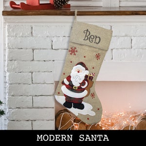 Custom Christmas Stocking Curly Font Modern Style: Santa Sled, Reindeer, Santa, Modern Santa