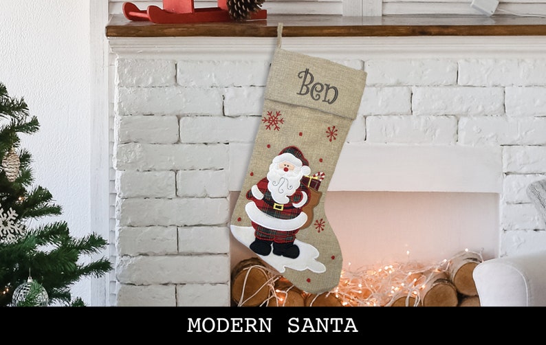 Custom Christmas Stocking Curly Font Modern Style: Santa Sled, Reindeer, Santa, Modern Santa