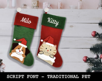 Custom Christmas Stocking - Pet Stockings for Dog and Cats - Traditional Design - Script Font