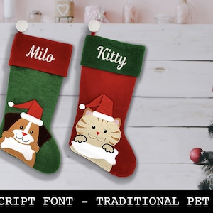 Custom Christmas Stocking - Pet Stockings for Dog and Cats - Traditional Design - Script Font