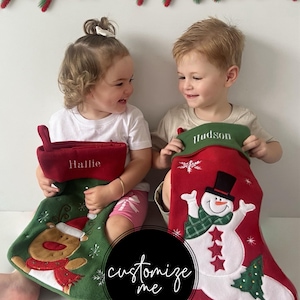 Personalized Christmas Stocking - Embroidered, Traditional Collection: Reindeer, Santa, Snowman, Cat, Dog.