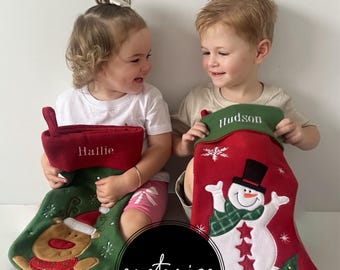Personalized Christmas Stocking - Embroidered, Traditional Collection: Reindeer, Santa, Snowman, Cat, Dog.