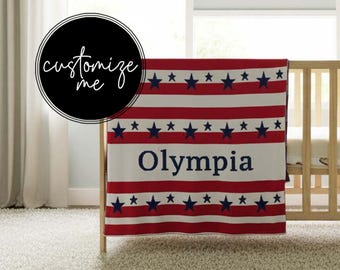 Knitted Custom All American Stripes Name Baby Blanket: 100% Cotton Personalized Blanket