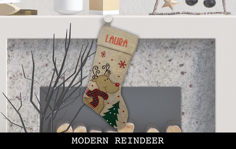 Custom Christmas Stocking Advent Font Modern Style: Santa Sled, Reindeer, Santa. Modern Reindeer