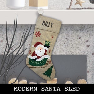 Custom Christmas Stocking Advent Font Modern Style: Santa Sled, Reindeer, Santa. Modern Santa Sled