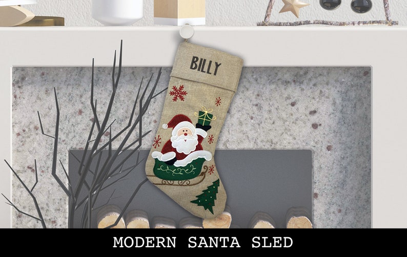 Custom Christmas Stocking Advent Font Modern Style: Santa Sled, Reindeer, Santa. Modern Santa Sled