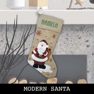 Custom Christmas Stocking Advent Font Modern Style: Santa Sled, Reindeer, Santa. Modern Santa