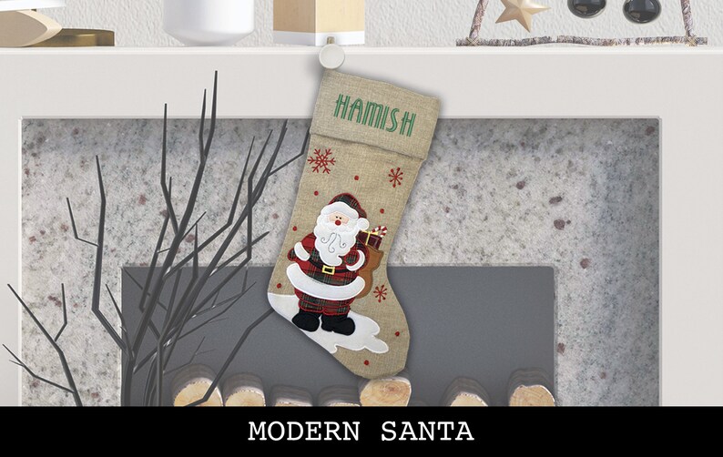 Custom Christmas Stocking Advent Font Modern Style: Santa Sled, Reindeer, Santa. Modern Santa