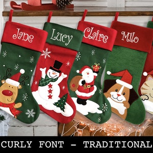 Custom Christmas Stocking - Curly Font - Traditional Design: Santa, Reindeer, Snowman