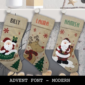 Custom Christmas Stocking Advent Font Modern Style: Santa Sled, Reindeer, Santa. image 1