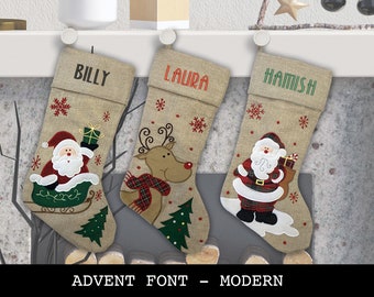 Custom Christmas Stocking - Advent Font - Modern Style: Santa Sled, Reindeer, Santa.