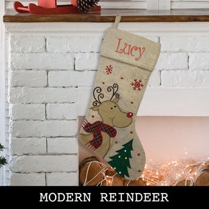 Custom Christmas Stocking Curly Font Modern Style: Santa Sled, Reindeer, Santa, Modern Reindeer