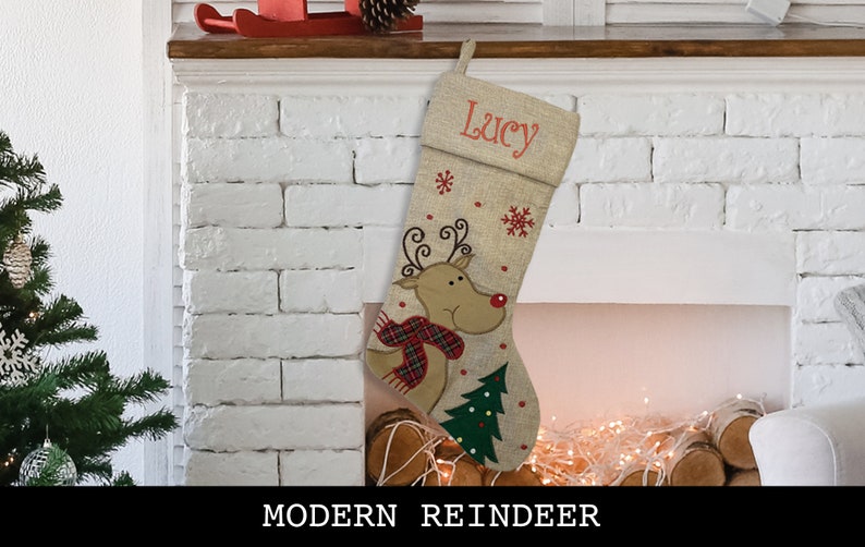 Custom Christmas Stocking Curly Font Modern Style: Santa Sled, Reindeer, Santa, Modern Reindeer