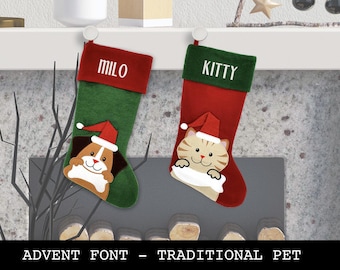 Custom Christmas Stocking - Pet Stockings for Dog and Cats - Traditional Design - Fancy Font