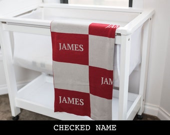 Custom Baby Blanket - Checked Name Pattern - 5 Sizes. 100% Cotton Knitted Blanket.