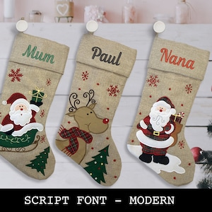 Custom Christmas Stocking - Script Font - Modern Style: Santa Sled, Reindeer, Santa.